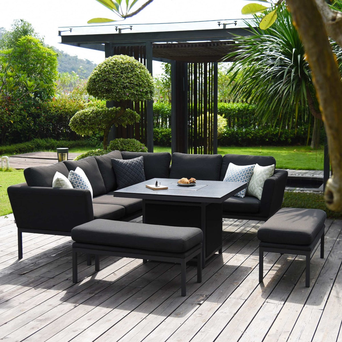 Pulse Square Corner Dining Set - With Fire Pit Table in Charcoal