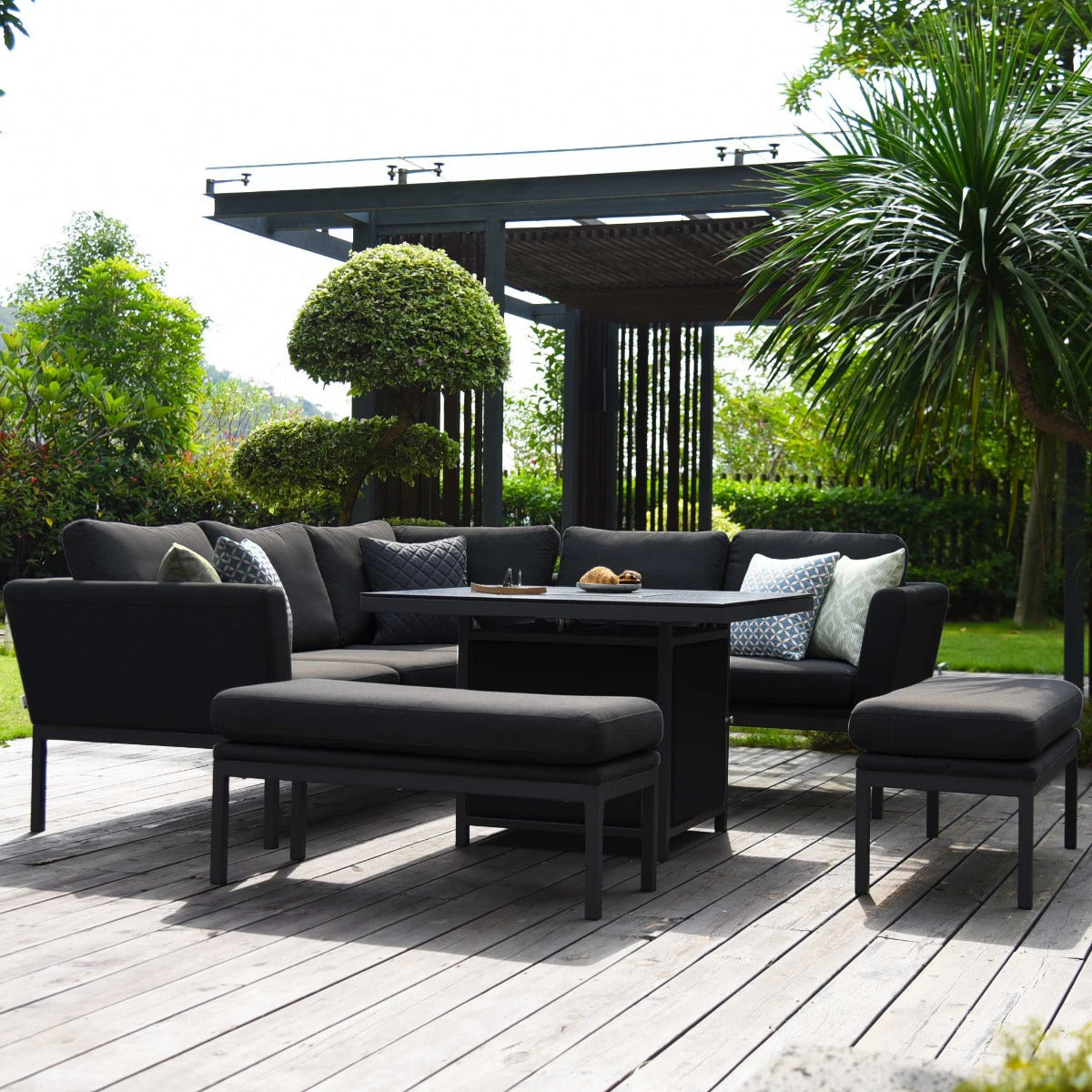 Pulse Square Corner Dining Set - With Fire Pit Table in Charcoal
