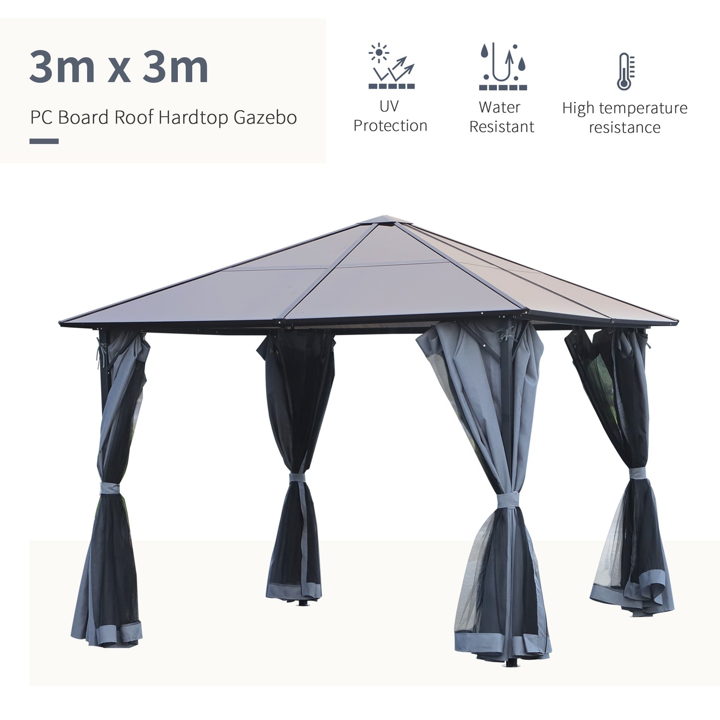 Outsunny 3 x 3m Garden Aluminium Gazebo With Hardtop Roof Canopy, Mesh Curtains & Side Walls in Grey