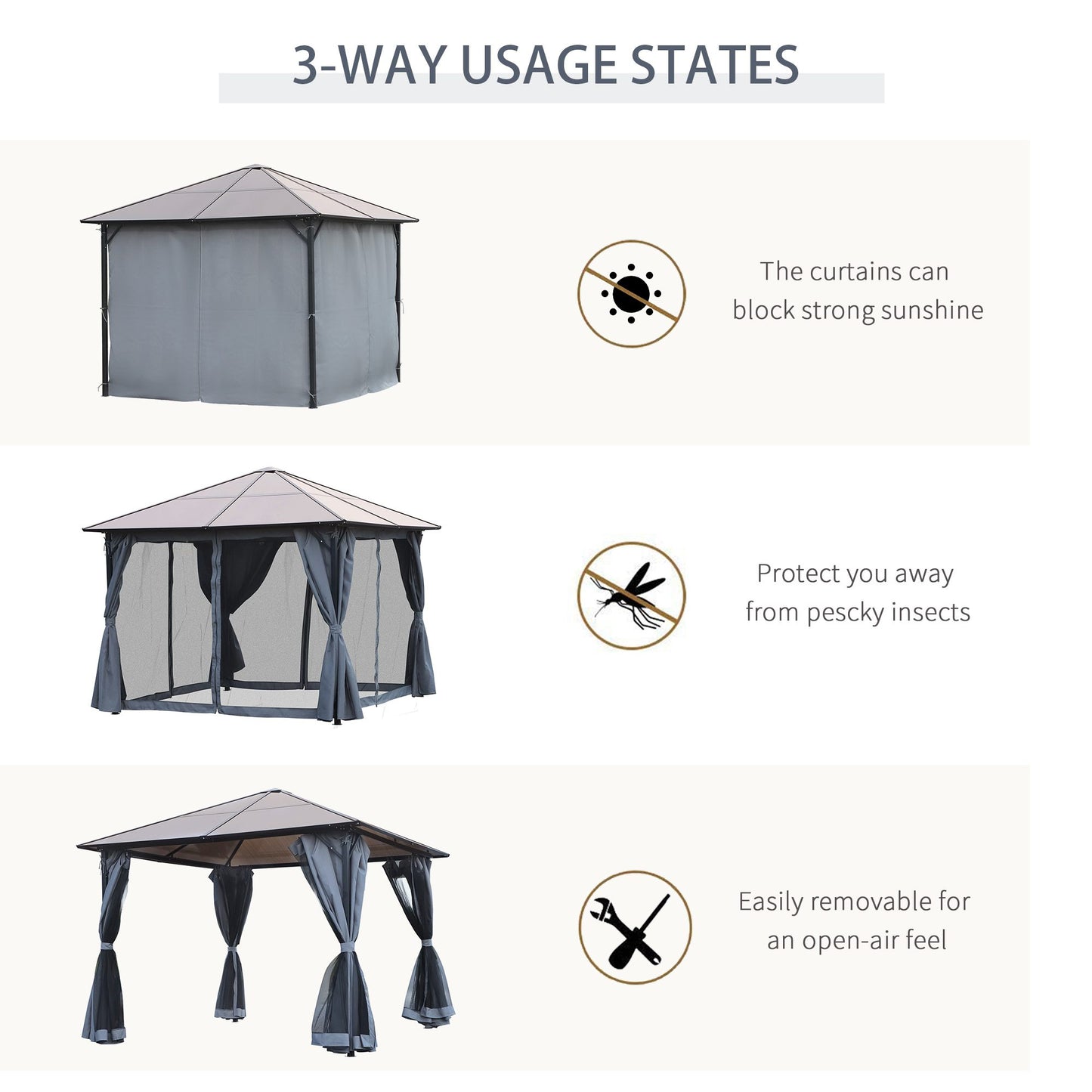 Outsunny 3 x 3m Garden Aluminium Gazebo With Hardtop Roof Canopy, Mesh Curtains & Side Walls in Grey