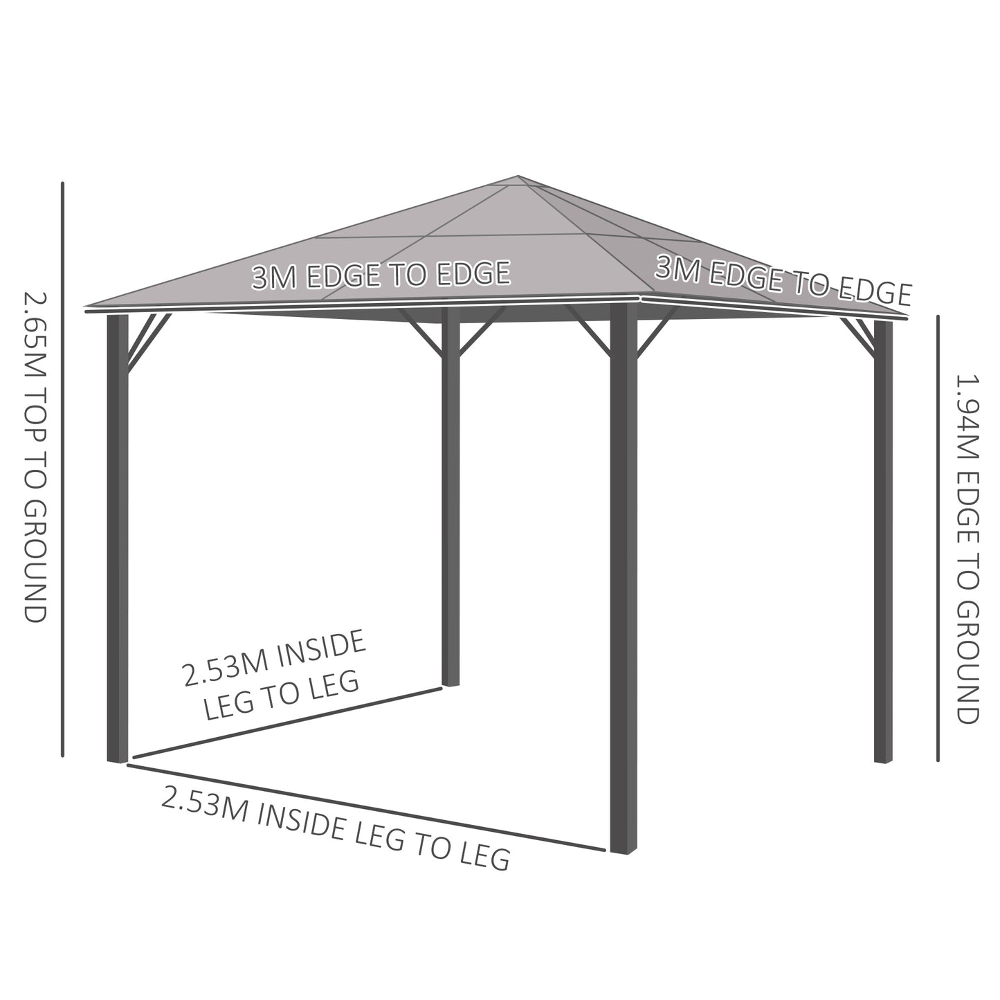 Outsunny 3 x 3m Garden Aluminium Gazebo With Hardtop Roof Canopy, Mesh Curtains & Side Walls in Grey
