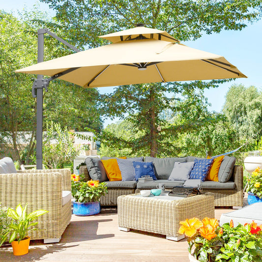 Outsunny 3m Cantilever Parasol: Adjustable Garden Sun Umbrella with Solar LED Lighting, Tilt and Crank Handle and Cross Base for Lawn in Grey/Khaki