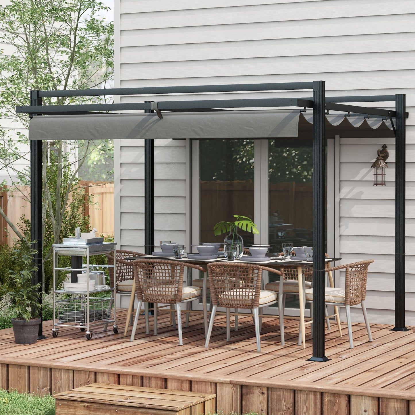 Outsunny 3 x 3m Retractable Pergola, Garden Gazebo Shelter with Aluminium Frame in Dark Grey