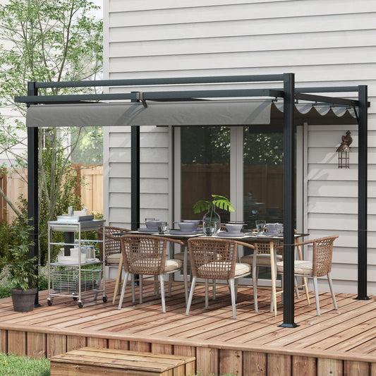 Outsunny 3 x 3m Retractable Pergola, Garden Gazebo Shelter with Aluminium Frame in Dark Grey