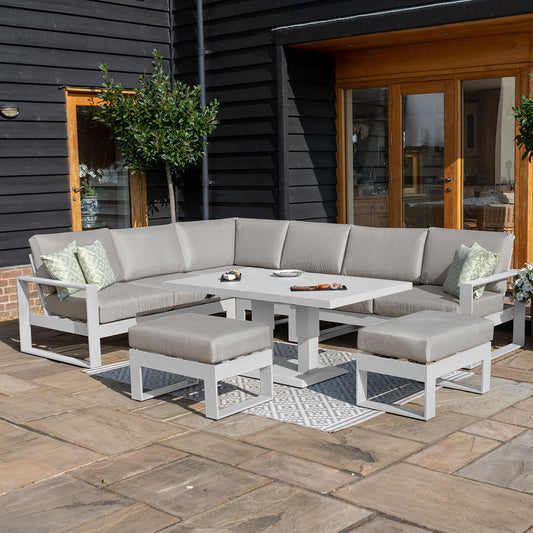 Amalfi Large Corner Dining Set with Rectangular Rising Table and Footstools in White
