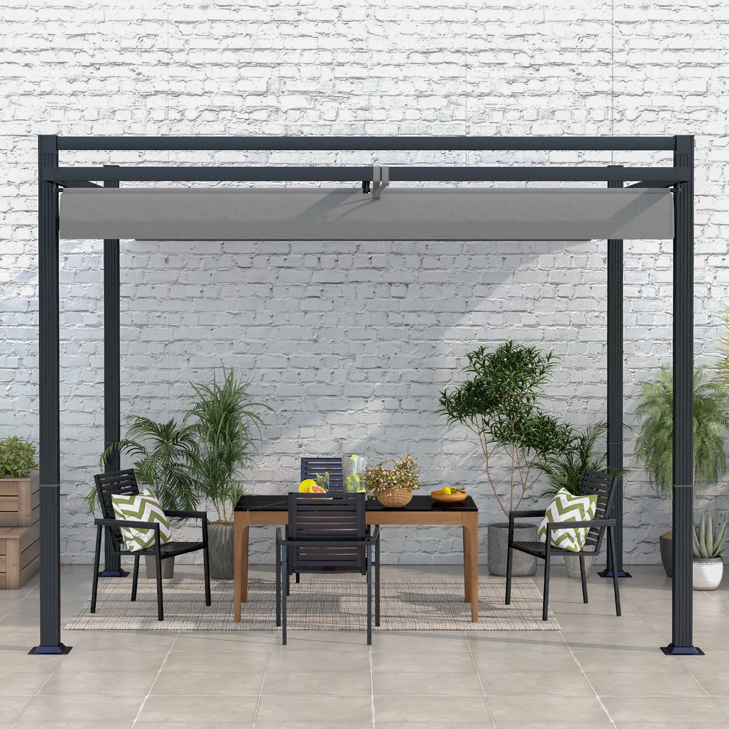 Outsunny 3 x 3m Retractable Pergola, Garden Gazebo Shelter with Aluminium Frame in Dark Grey