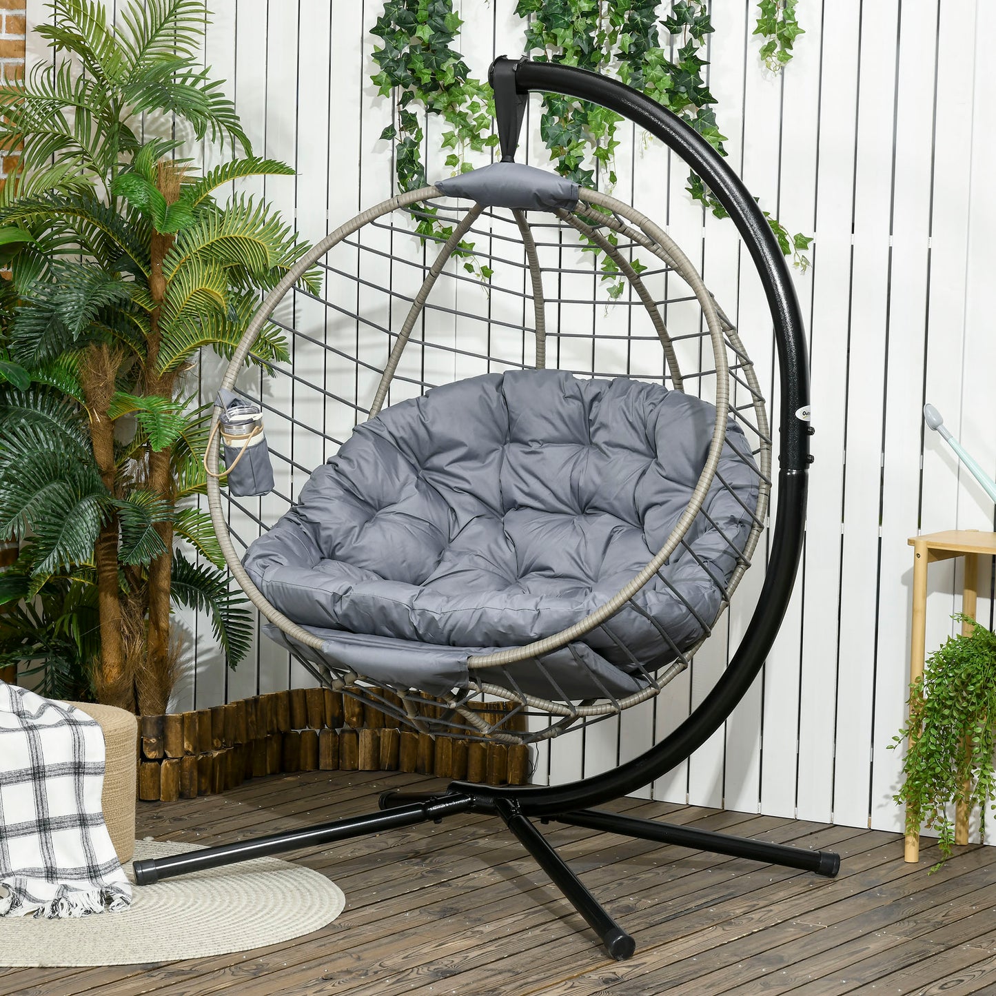 Rattan Foldable Swing Chair: Outdoor Hanging Chair with Stand with Padded Cushion & Cup Holder in Grey