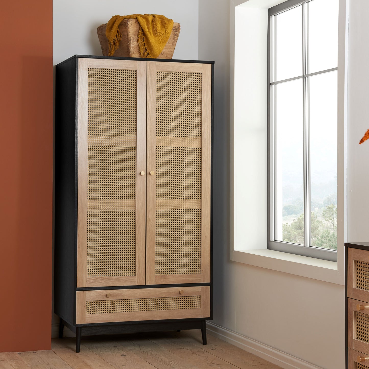 Croxley 2 Door 1 Drawer Rattan Wardrobe in Black