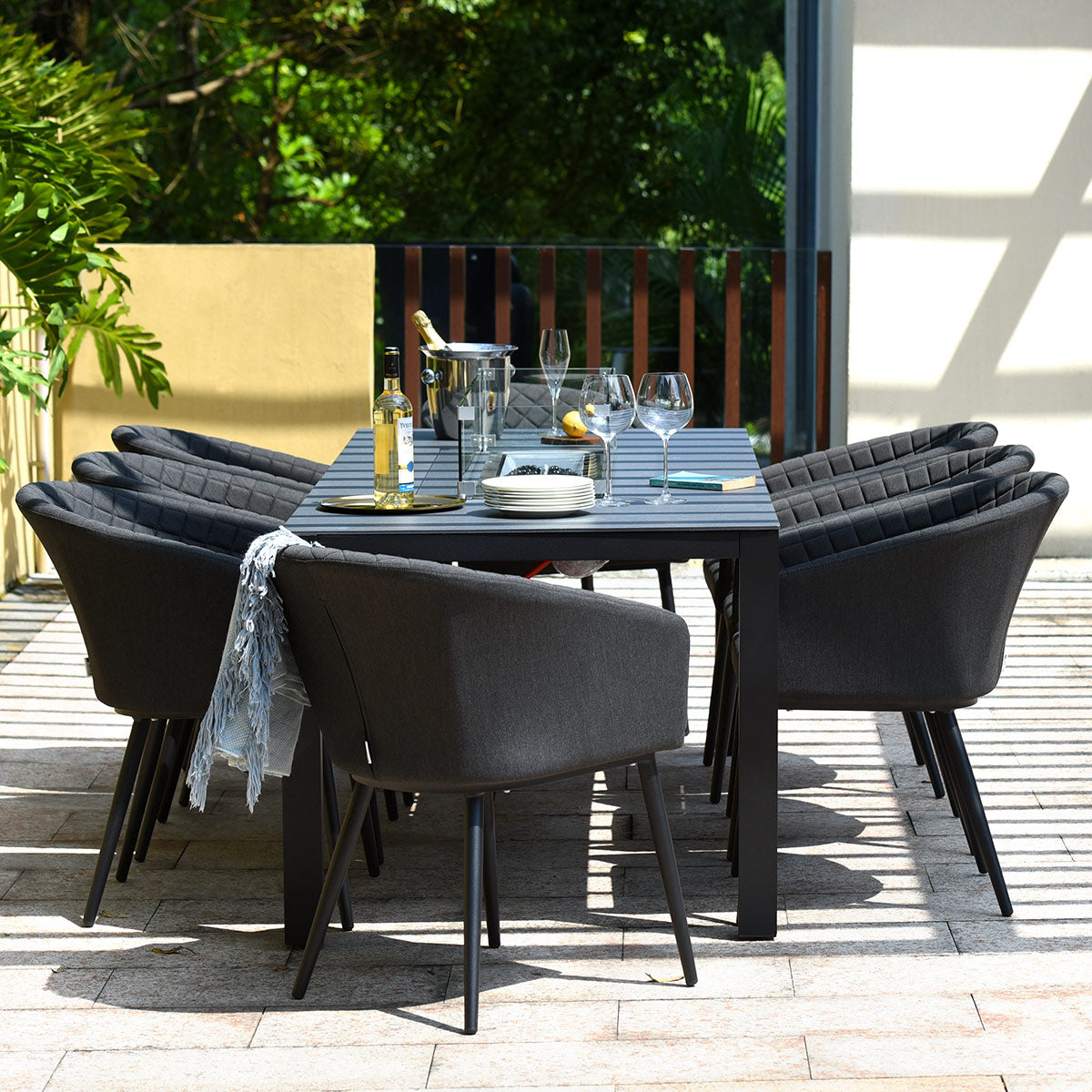 Ambition 8 Seat Rectangular Fire Pit Dining Set in Charcoal