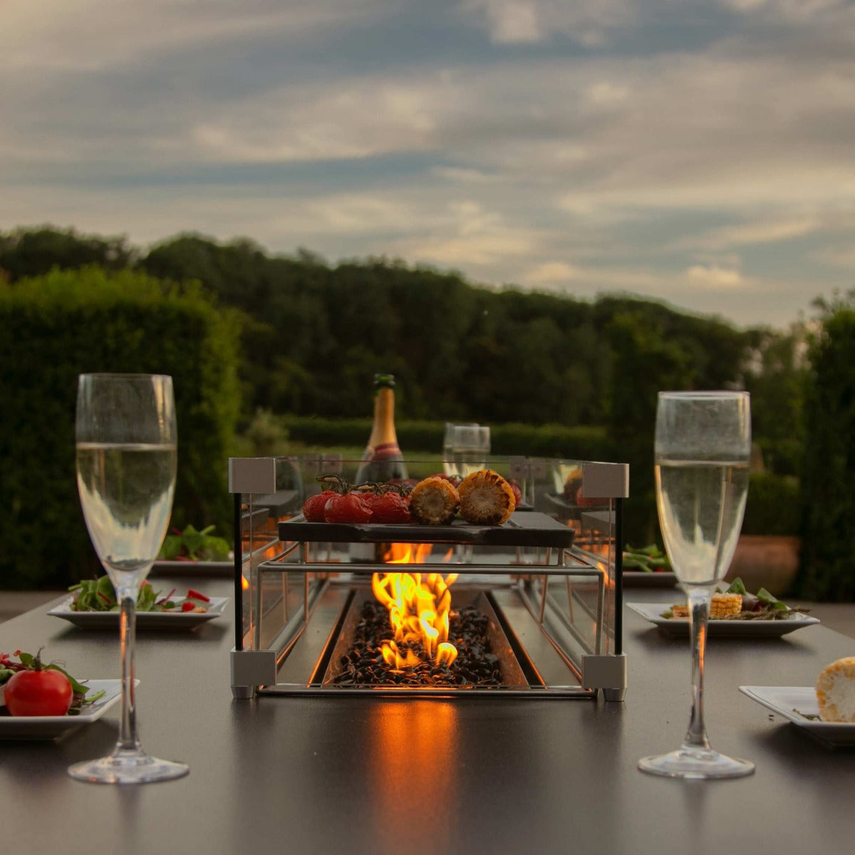 Ambition 8 Seat Rectangular Fire Pit Dining Set in Charcoal