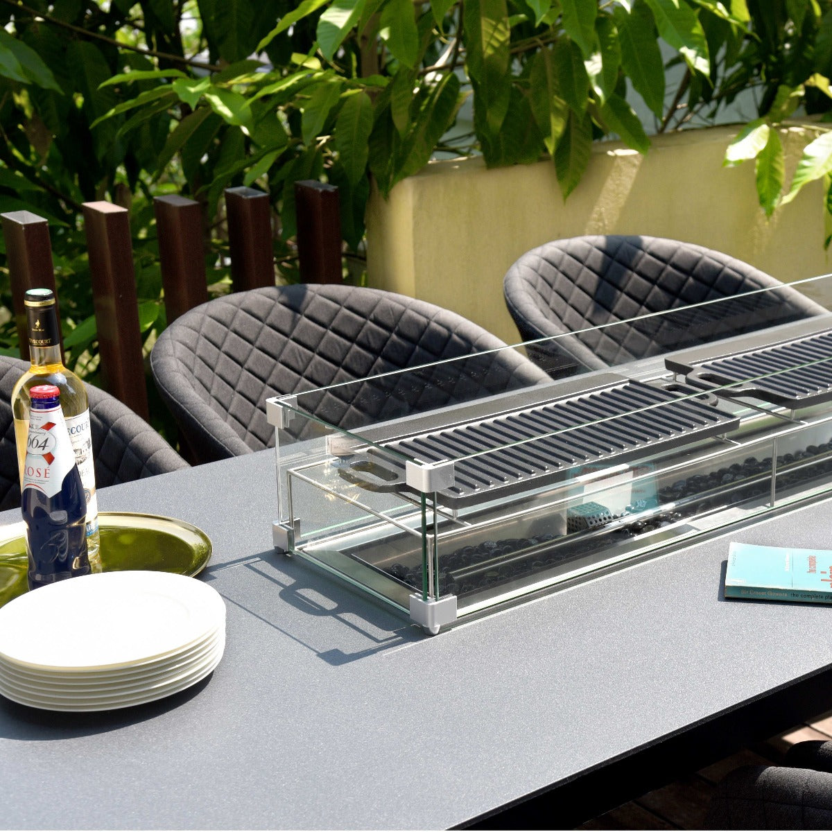 Ambition 8 Seat Rectangular Fire Pit Dining Set in Charcoal