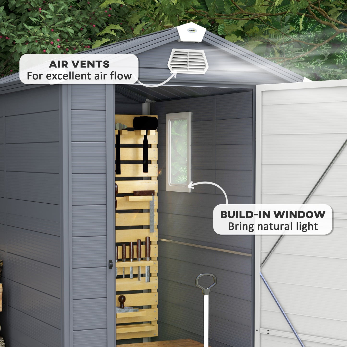Outsunny 4 x 6ft Garden Shed with Foundation Kit, Polypropylene Outdoor Storage Tool House with Ventilation Slots and Lockable Door in Grey