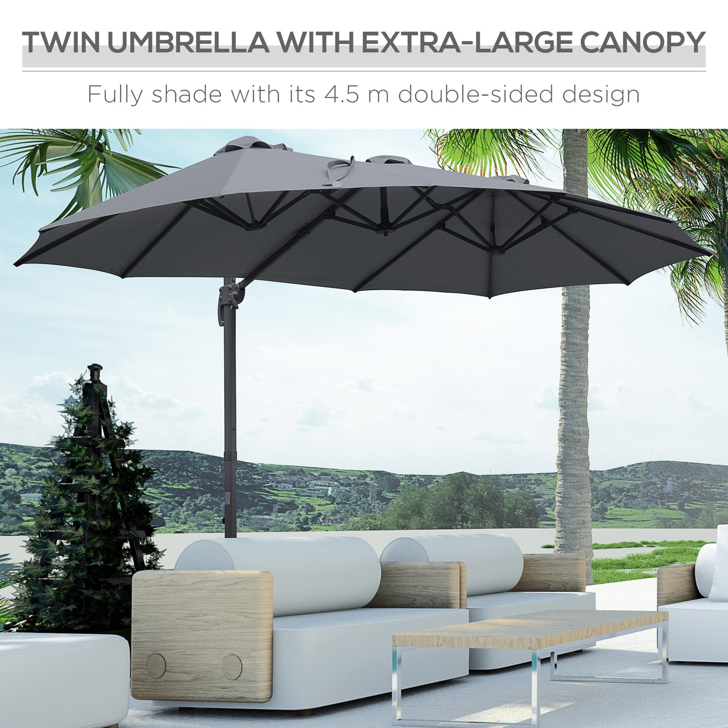 Outsunny 4.5m Cantilever Parasol: Large Double Sided Rectangular Garden Umbrella with Crank Handle, 360° Cross Base for Bench in Grey