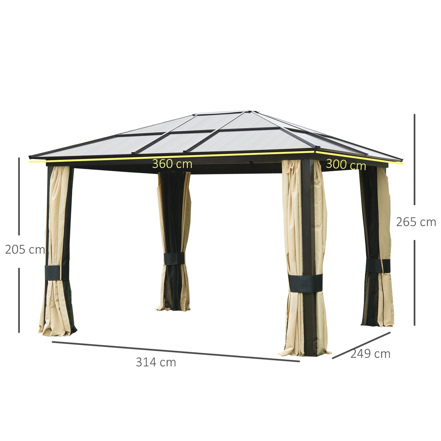 Outsunny 3.6 x 3m Hardtop Polycarbonate Roof Aluminium Gazebo with Mosquito Netting and Curtains in Brown