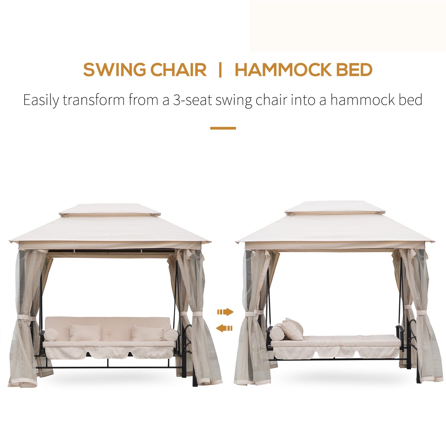 Outsunny Outdoor 2in1 Convertible Swing Chair Bed 3 Seater Porch With Nettings in Black/Cream