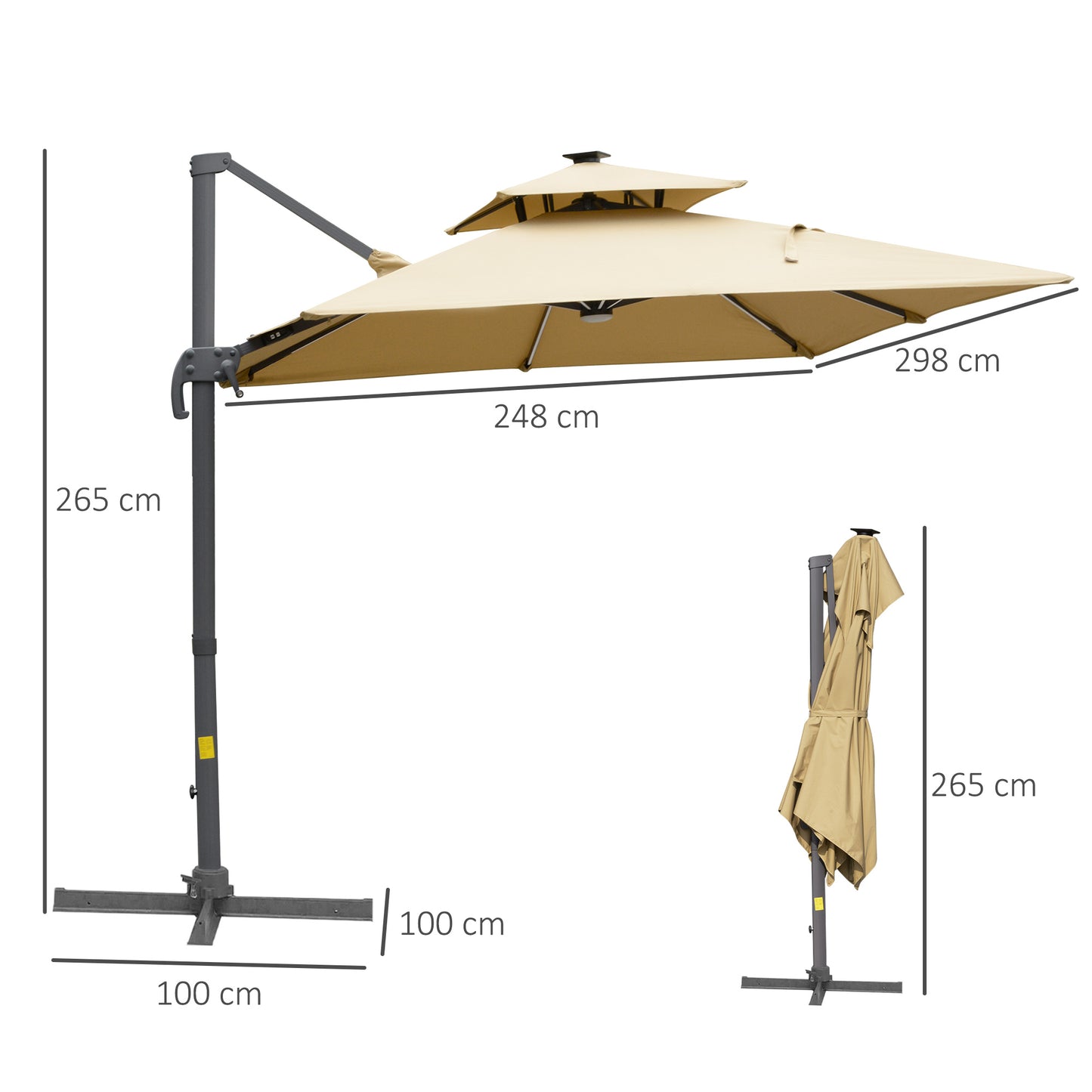 Outsunny 3m Cantilever Parasol: Adjustable Garden Sun Umbrella with Solar LED Lighting, Tilt and Crank Handle and Cross Base for Lawn in Grey/Khaki