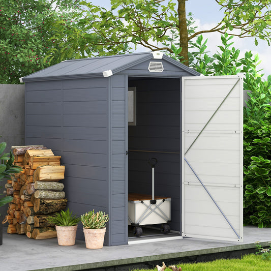 Outsunny 4 x 6ft Garden Shed with Foundation Kit, Polypropylene Outdoor Storage Tool House with Ventilation Slots and Lockable Door in Grey