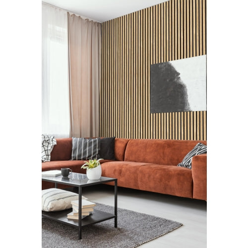 Classic Oak on Black Acoustic Wood Slat Wall Panel – 600mm x 2.4m | Soundproof & Decorative Paneling