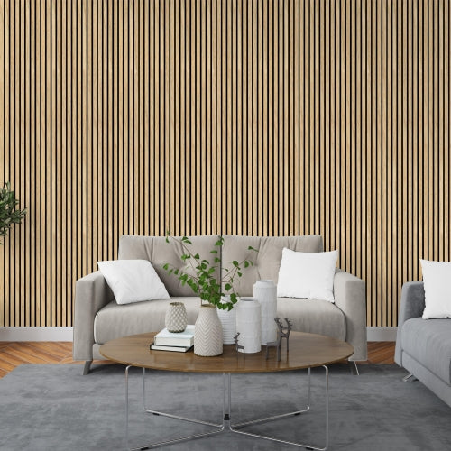 Classic Oak on Black Acoustic Wood Slat Wall Panel – 600mm x 2.4m | Soundproof & Decorative Paneling