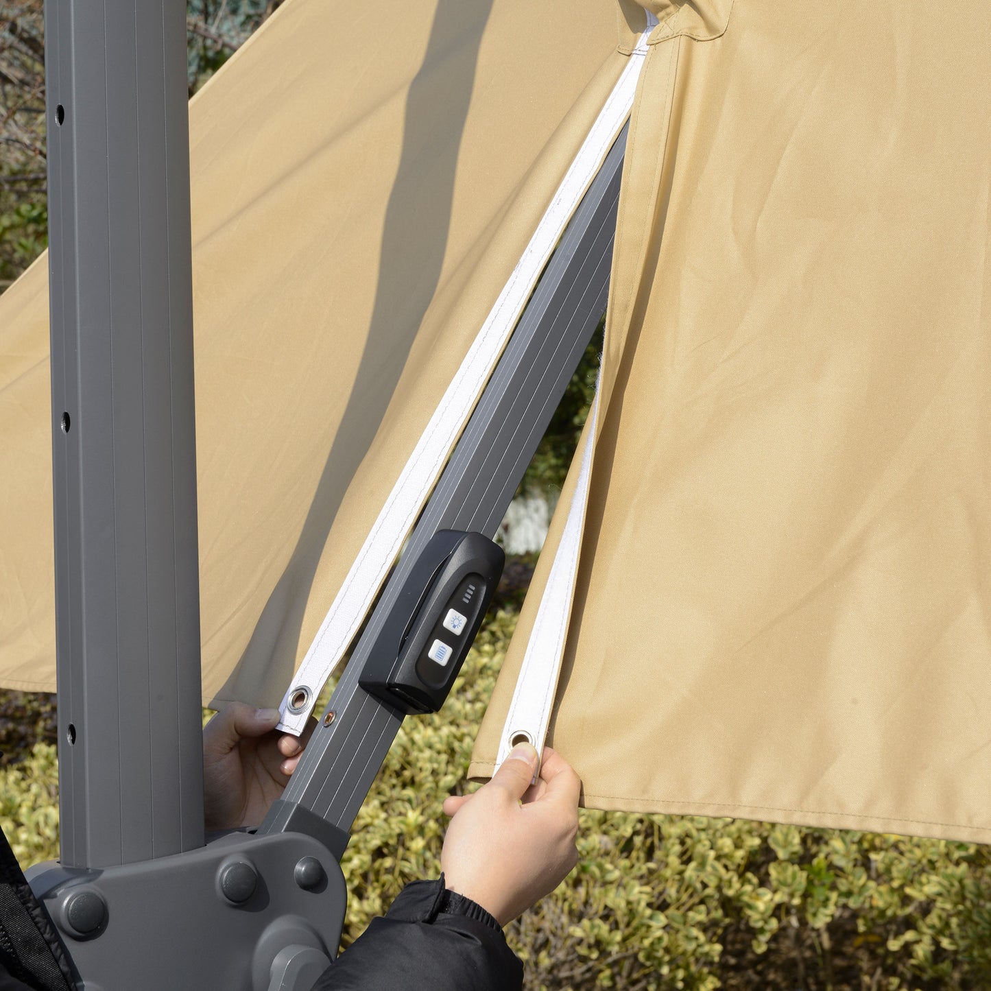Outsunny 3m Cantilever Parasol: Adjustable Garden Sun Umbrella with Solar LED Lighting, Tilt and Crank Handle and Cross Base for Lawn in Grey/Khaki