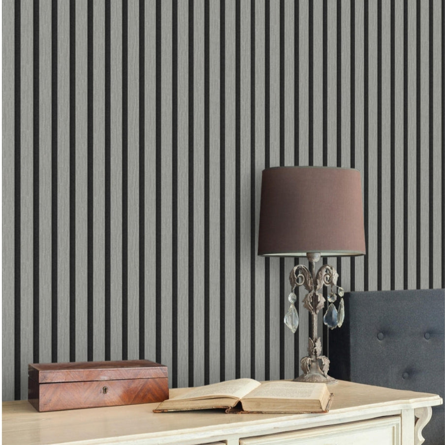 Grey on Black Acoustic Wood Slat Wall Panel – 600mm x 2.4m | Soundproof & Decorative Paneling
