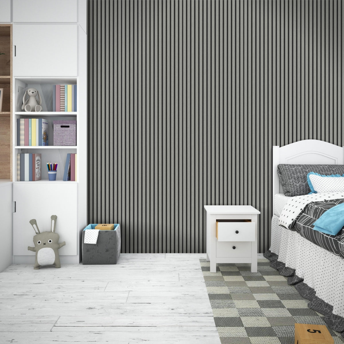 Grey on Black Acoustic Wood Slat Wall Panel – 600mm x 2.4m | Soundproof & Decorative Paneling