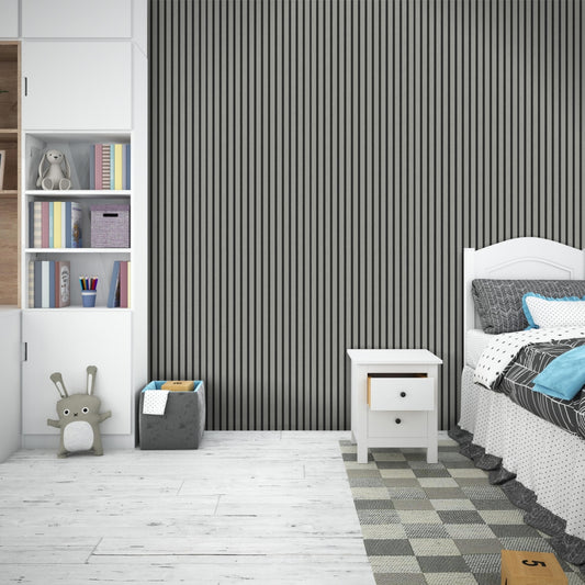 Grey on Black Acoustic Wood Slat Wall Panel – 600mm x 2.4m | Soundproof & Decorative Paneling