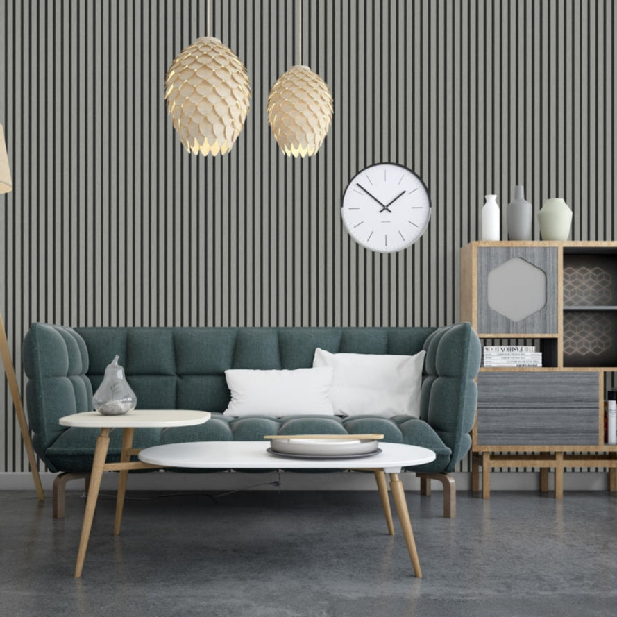 Grey on Black Acoustic Wood Slat Wall Panel – 600mm x 2.4m | Soundproof & Decorative Paneling