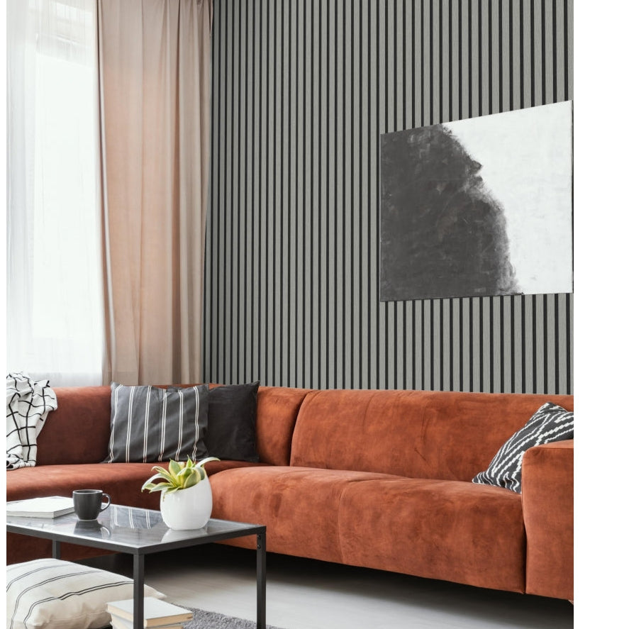 Grey on Black Acoustic Wood Slat Wall Panel – 600mm x 2.4m | Soundproof & Decorative Paneling