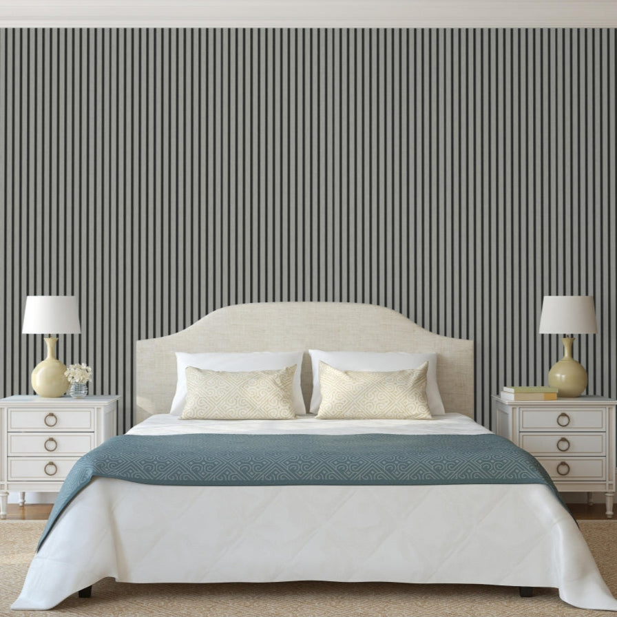 Grey on Black Acoustic Wood Slat Wall Panel – 600mm x 2.4m | Soundproof & Decorative Paneling