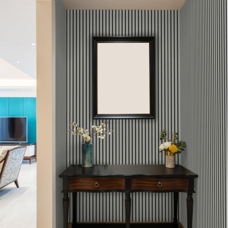 Grey on Black Acoustic Wood Slat Wall Panel – 600mm x 2.4m | Soundproof & Decorative Paneling