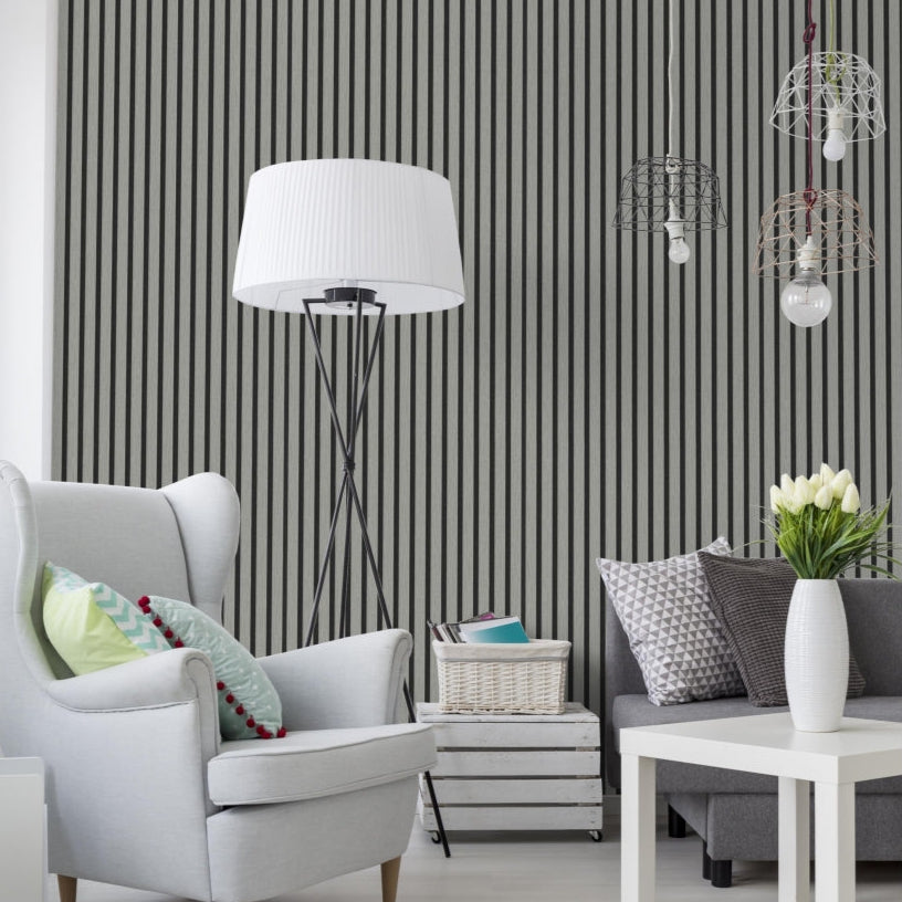 Grey on Black Acoustic Wood Slat Wall Panel – 600mm x 2.4m | Soundproof & Decorative Paneling