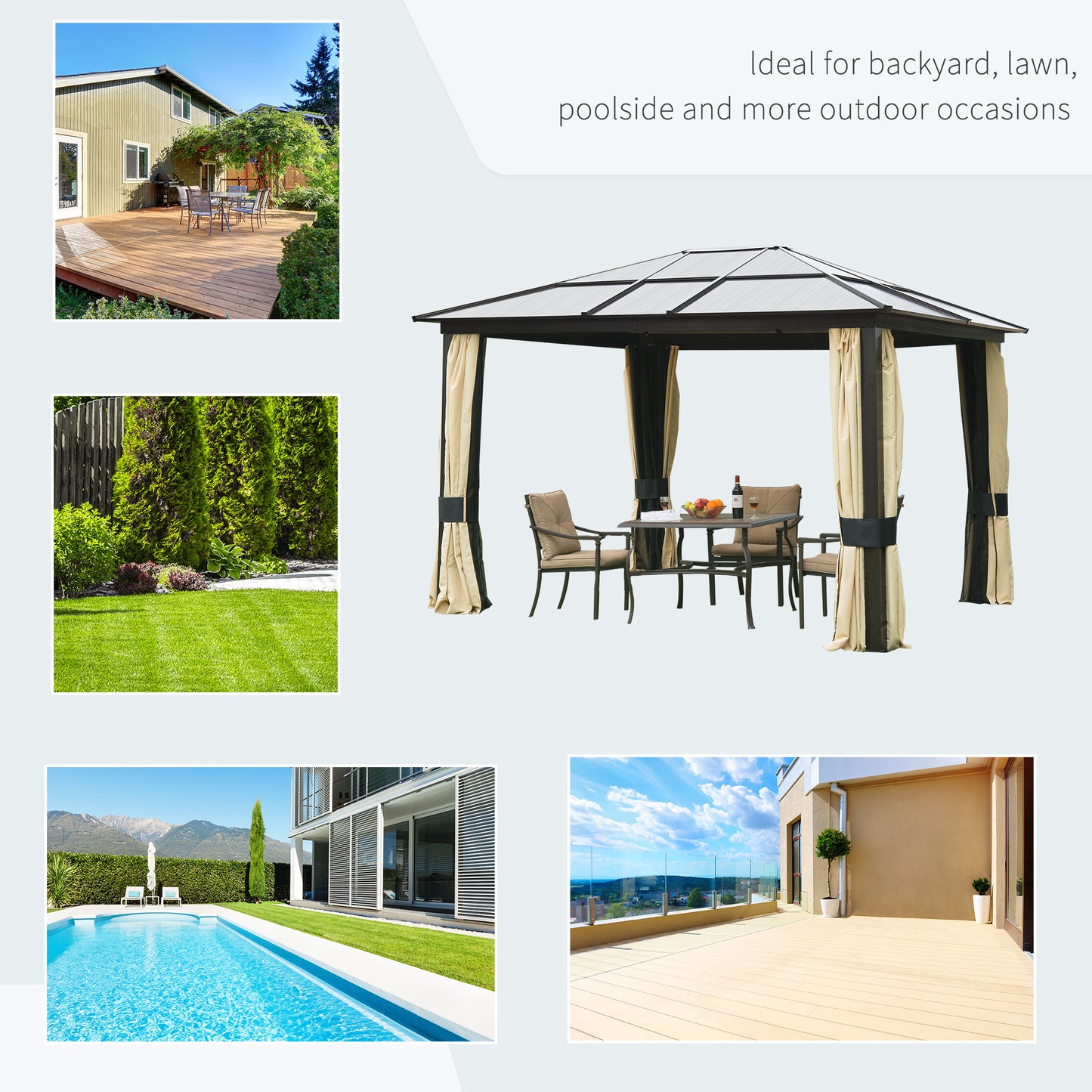 Outsunny 3.6 x 3m Hardtop Polycarbonate Roof Aluminium Gazebo with Mosquito Netting and Curtains in Brown