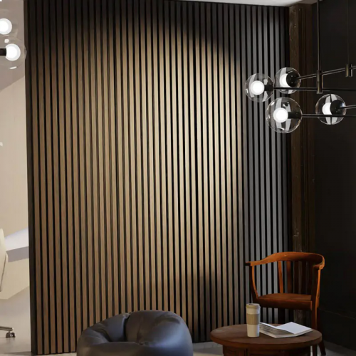 Walnut Wood on Black Acoustic Wood Slat Wall Panel – 600mm x 2.4m | Soundproof & Decorative Paneling