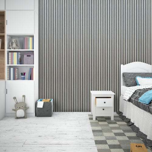 Natural Oak on Black Acoustic Wood Slat Wall Panel – 600mm x 2.4m | Soundproof & Decorative Paneling