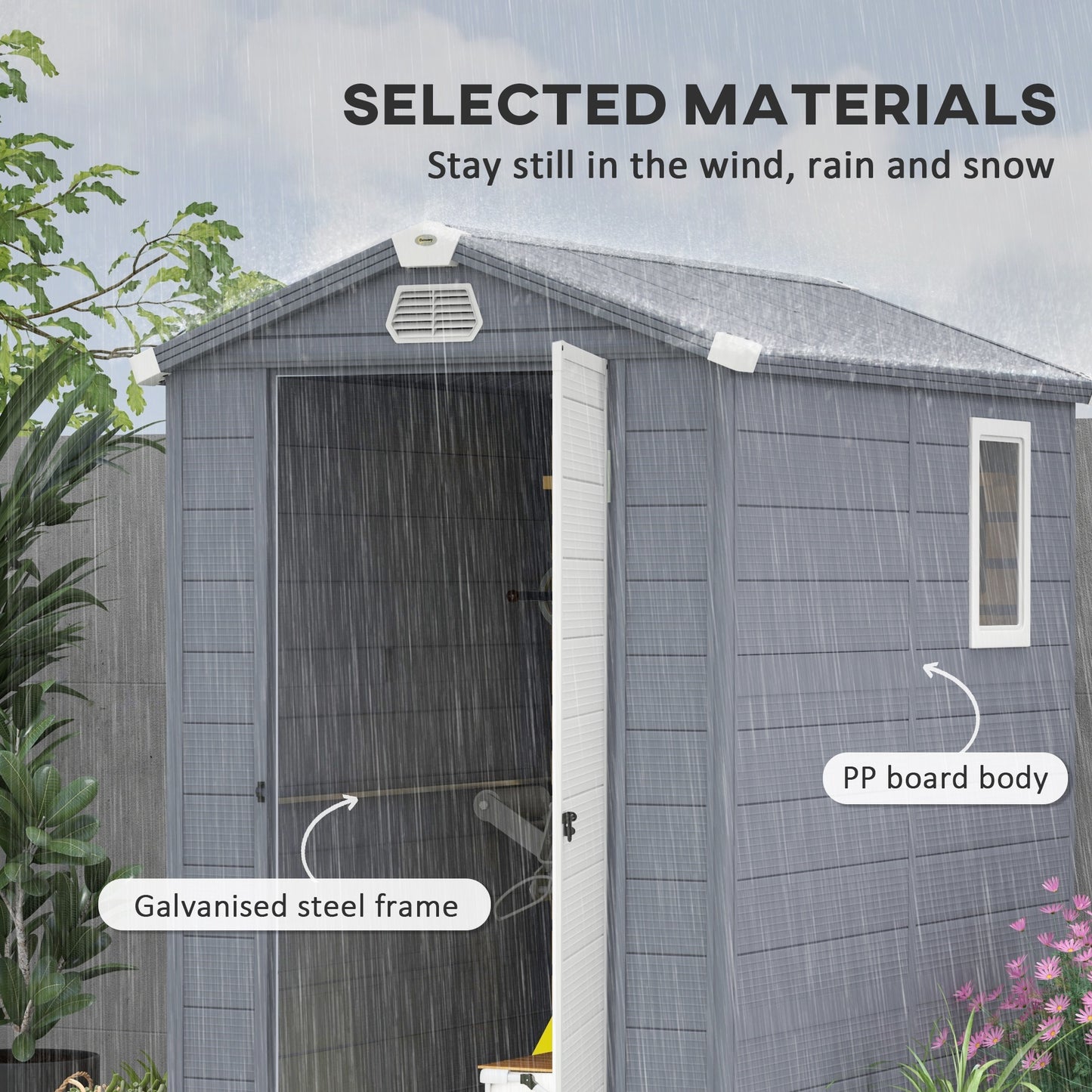 Outsunny 4 x 6ft Garden Shed with Foundation Kit, Polypropylene Outdoor Storage Tool House with Ventilation Slots and Lockable Door in Grey