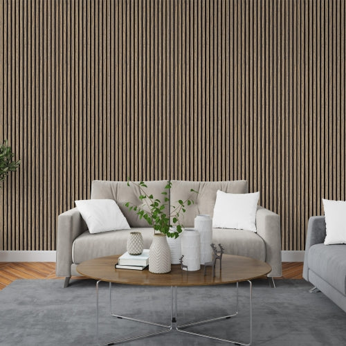Siberian Oak on Black Acoustic Wood Slat Wall Panel – 600mm x 2.4m | Soundproof & Decorative Paneling