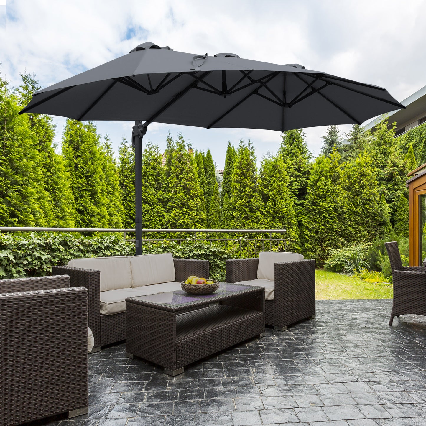 Outsunny 4.5m Cantilever Parasol: Large Double Sided Rectangular Garden Umbrella with Crank Handle, 360° Cross Base for Bench in Grey