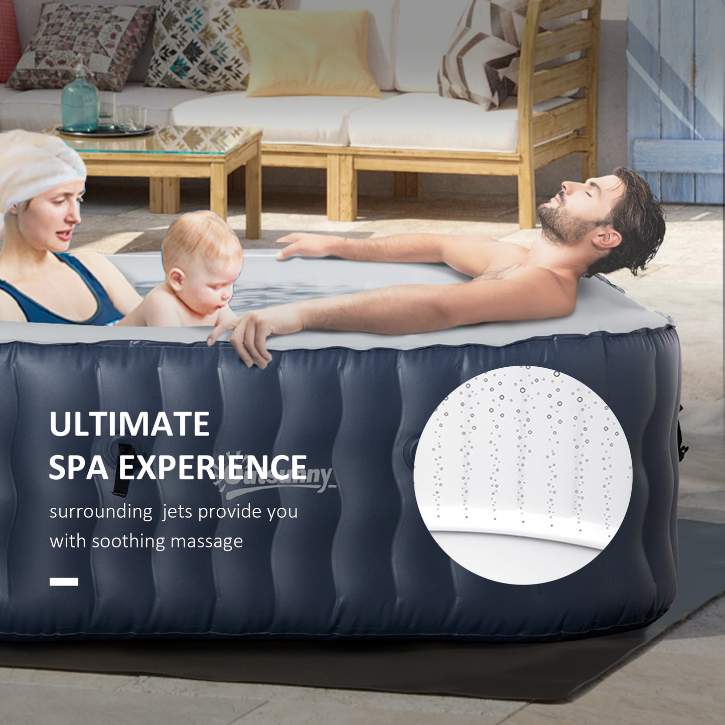 Outsunny Square 180cm Hot Tub Inflatable Spa Outdoor Bubble Spa Pool: with Pump, Cover, Filter Cartridges, for 4-6 Person in Dark Blue