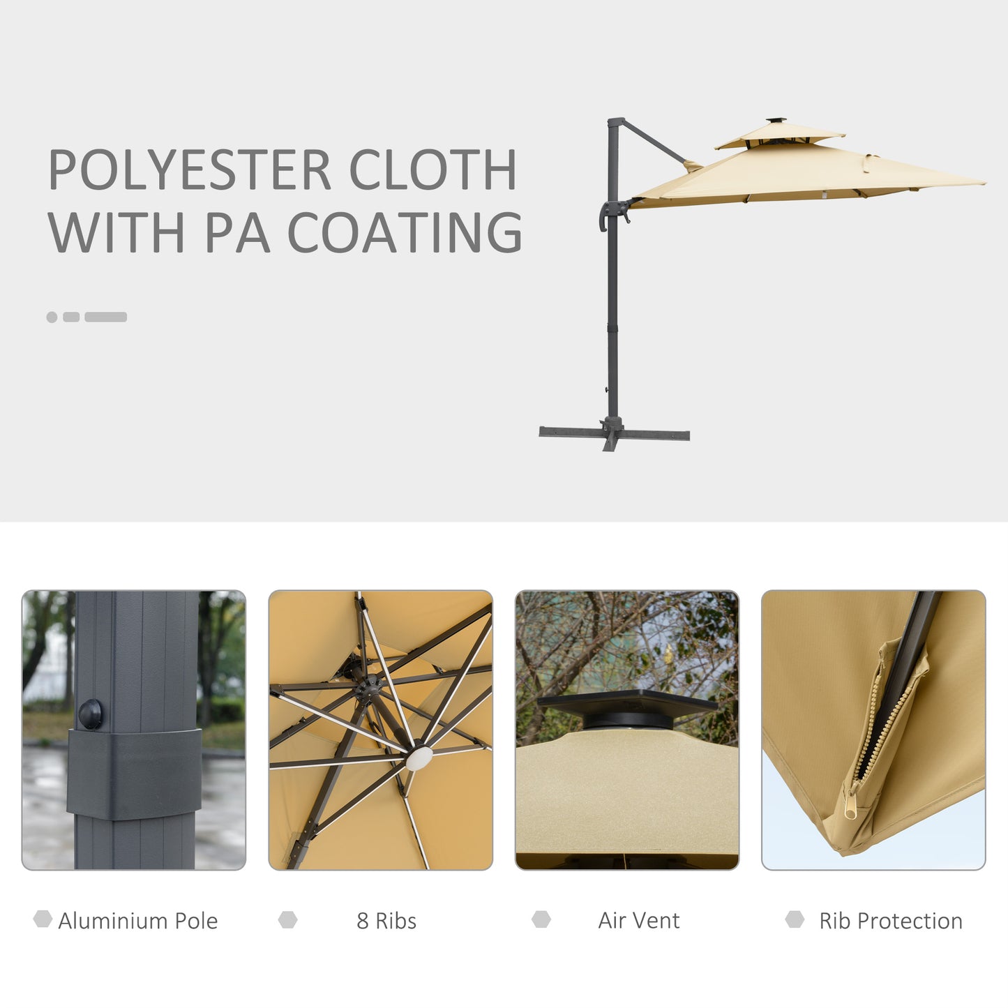 Outsunny 3m Cantilever Parasol: Adjustable Garden Sun Umbrella with Solar LED Lighting, Tilt and Crank Handle and Cross Base for Lawn in Grey/Khaki